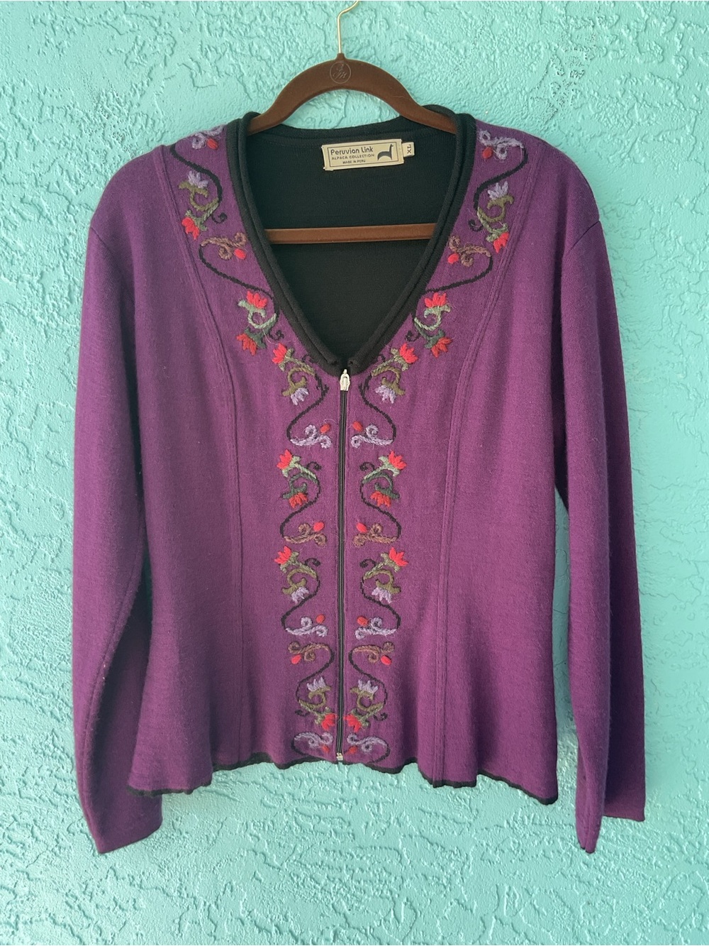 Vintage Peruvian Link Alpaca Blend Purple V-Neck Embroidered Zip Cardigan sz XL